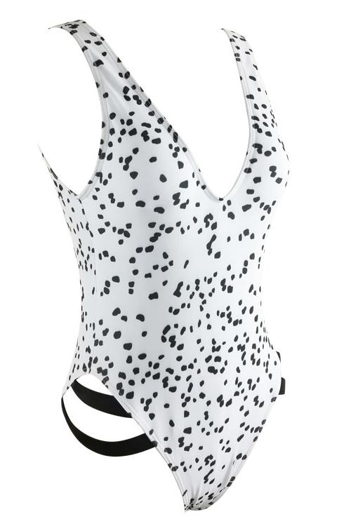 White Triangle Plunging Polka Dot Print Strappy Cutout Low Back High Cut Sexy One Piece Swimsuit