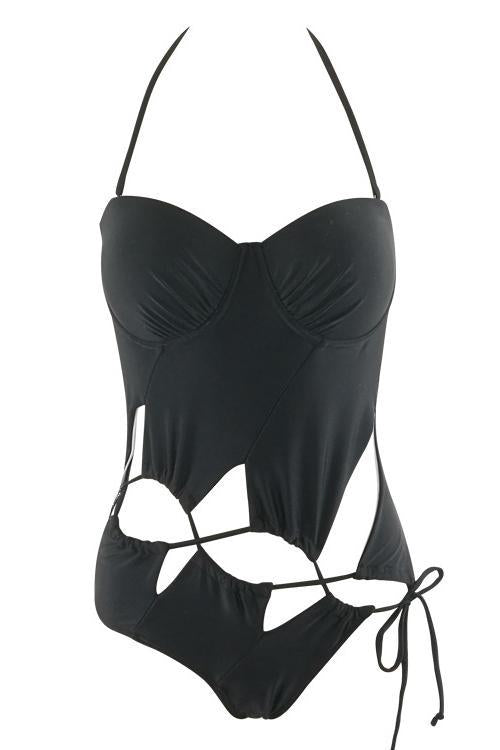 Black Strappy Lace Up Cutout Push Up Halter Sexy One Piece Swimsuit