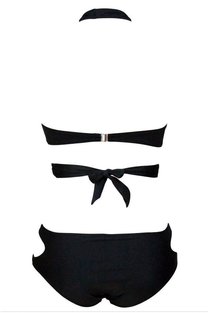 Black Wrap Around Strappy Cutout Halter Sexy Bikini Swimsuit