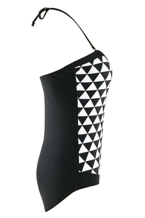 Black White Halter Geometric Print Backless Modest One Piece Swimsuit