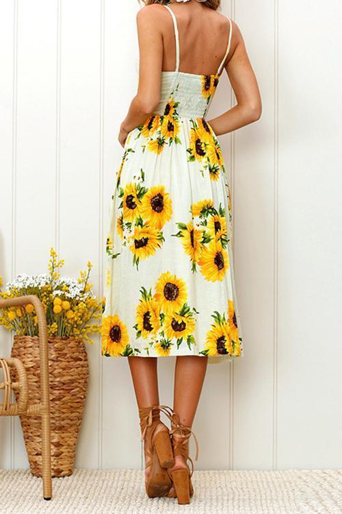 Sunflower Pineapple Pattern Sling Open Back Sexy Dress