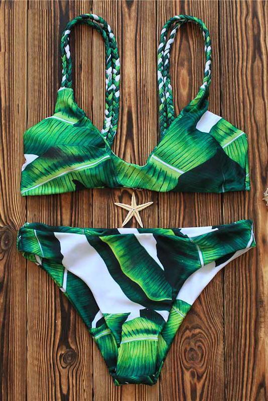 Green Tropical Leaf Print Braided Triangle Sexy Bikini Set