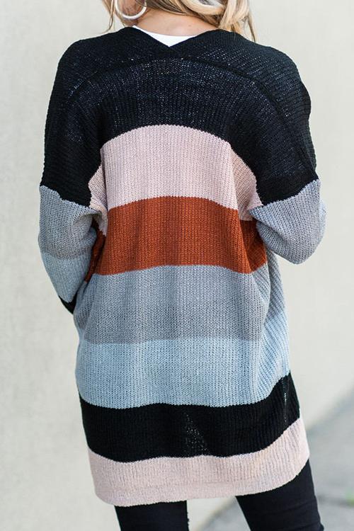 Knitwear Long Round neck Stitching Rainbow Striped Cardigan