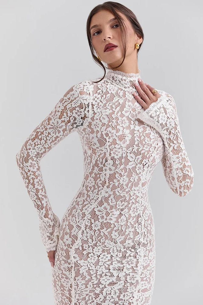 Floral Lace Mock Neck Bell Sleeve Mermaid Hem Midi Dress 7