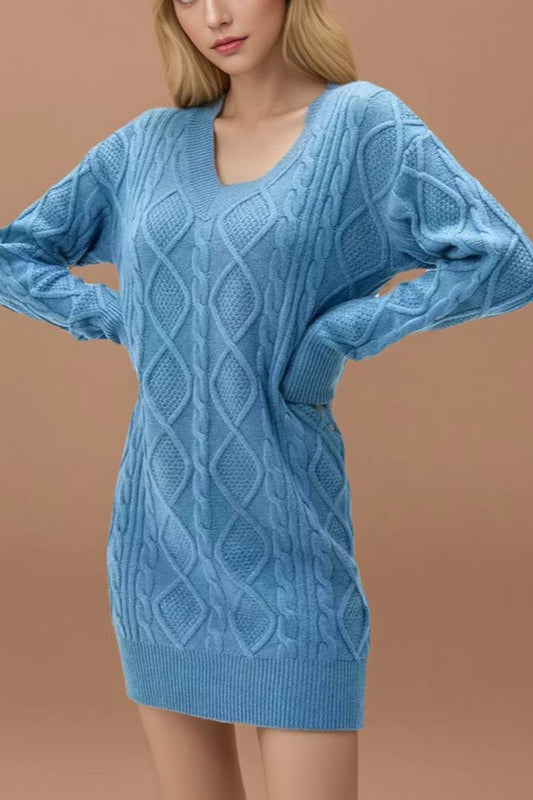 Cable Knit Diamond Pattern V-Neck Long Sleeve Sweater Mini Dress 5