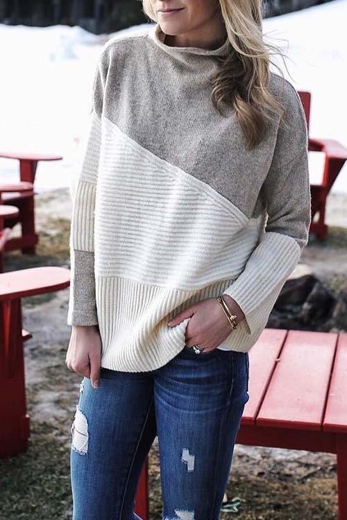 Fashion Long Sleeves Patchwork Sweater