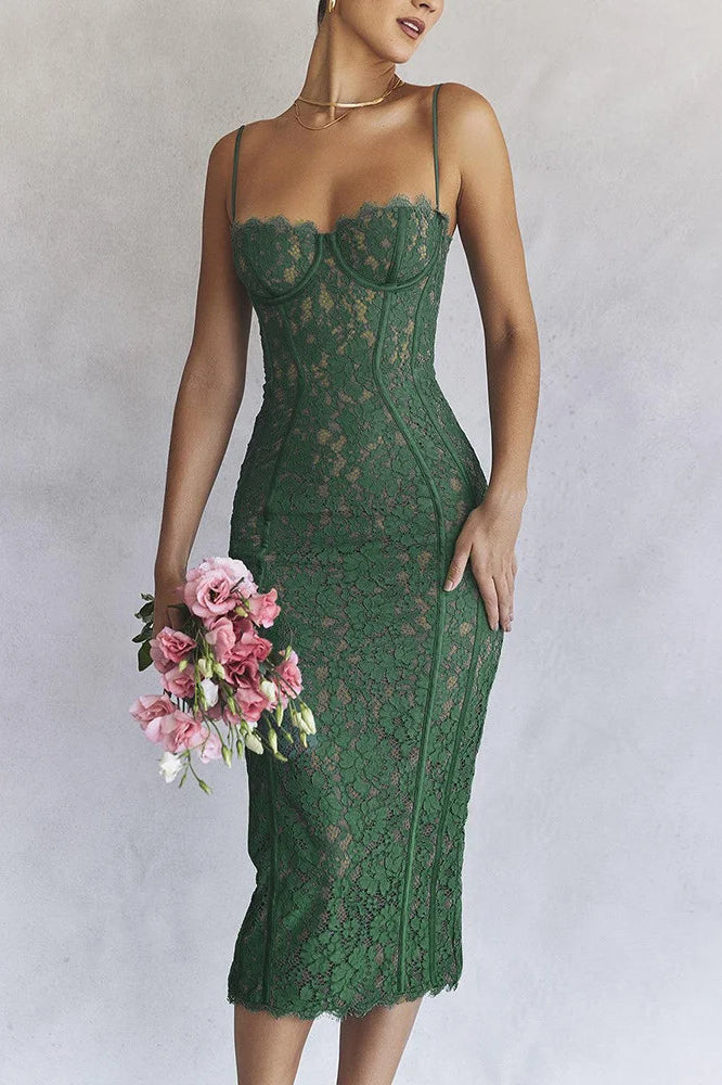 Floral Lace Corset Sweetheart Spaghetti Strap Bodycon Midi Dress 2