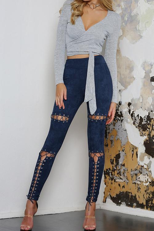 Sexy Etrappy Eyelet Buckle Suede Casual Trousers