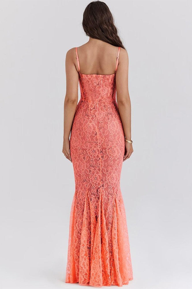 Lace Floral Corset Spaghetti Strap Mermaid Maxi Gown 5