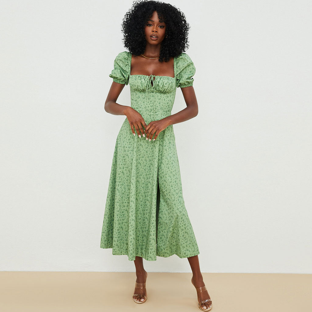 Daisy Print Milkmaid Puff Sleeve Square Neck Lace-Up Front Thigh Slit Midi Dress 2