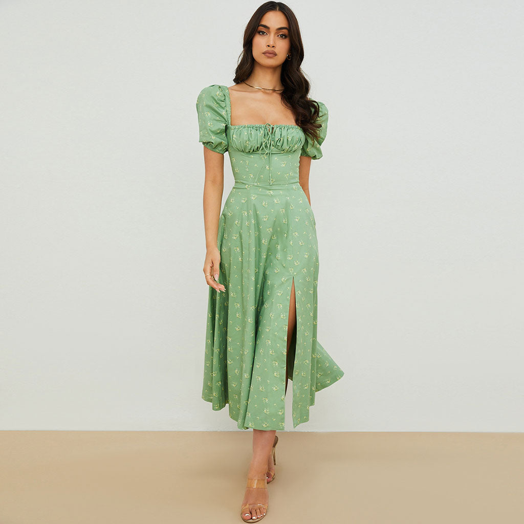 Wildflower Print Smocked Waist Puff Sleeve Square Neck High Slit Midi Dress 2