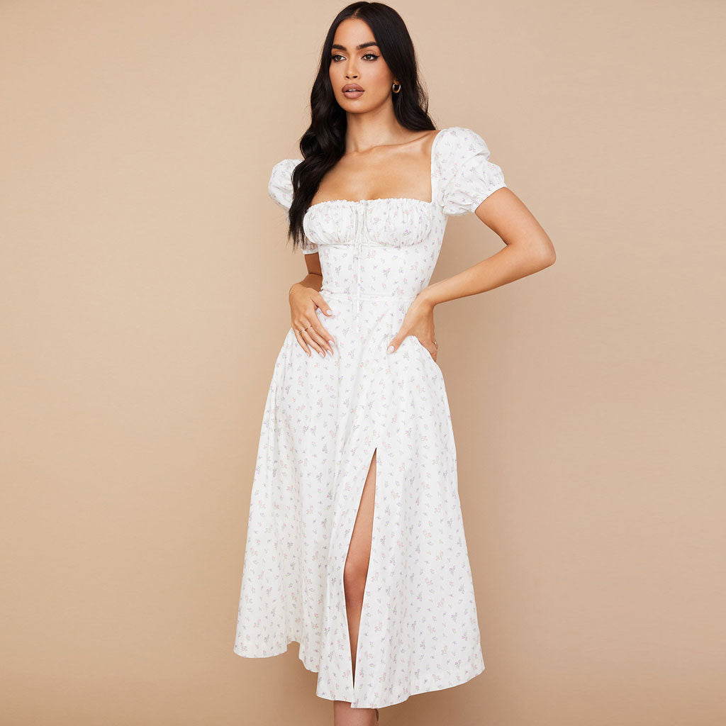 Ditsy Floral Smocked Puff Sleeve Square Neck Tie Front High Slit Midi Dress 2