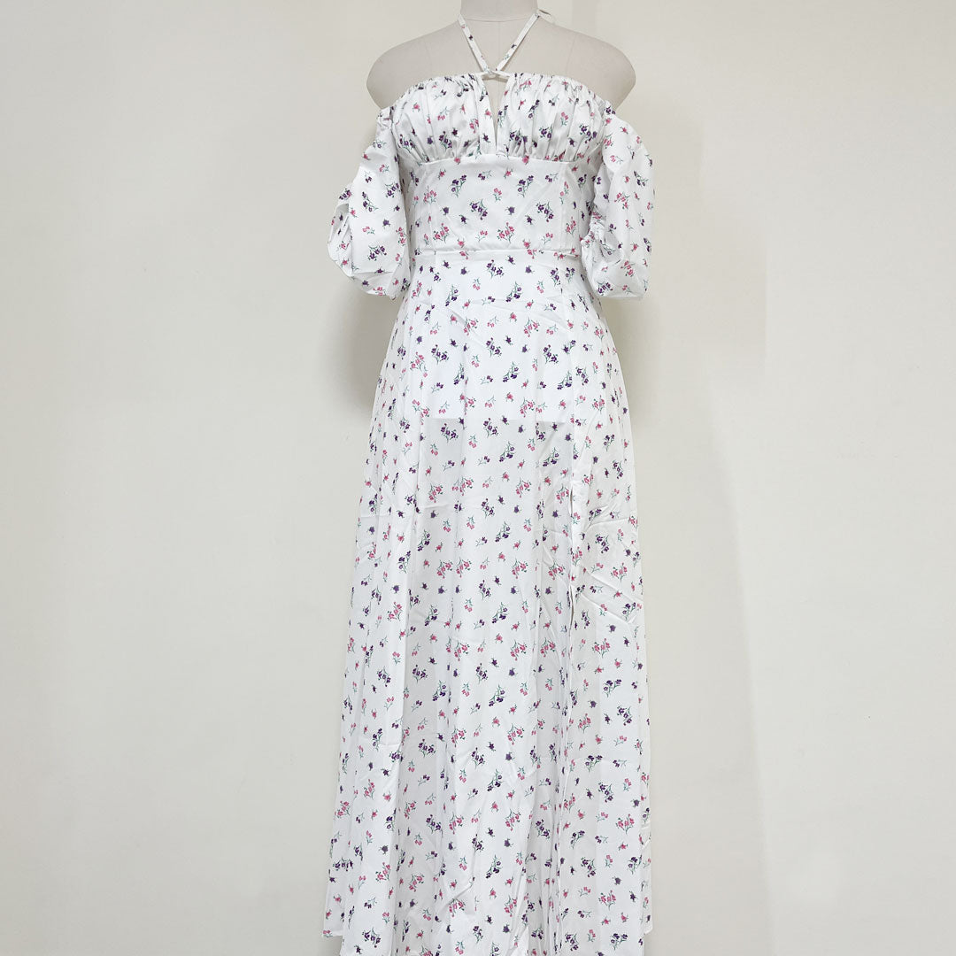 Ditsy Floral Smocked Puff Sleeve Square Neck Tie Front High Slit Midi Dress 4