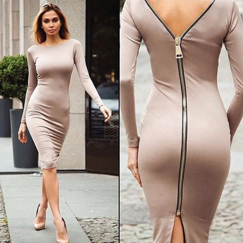 Long Sleeve Boat Neck Deep V-Back Exposed Zipper Bodycon Midi Dress 4