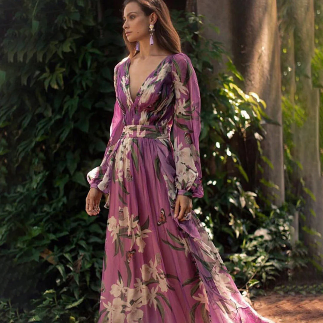 Deep V Neck Long Billowy Sleeve Butterfly Floral Print Maxi Gown