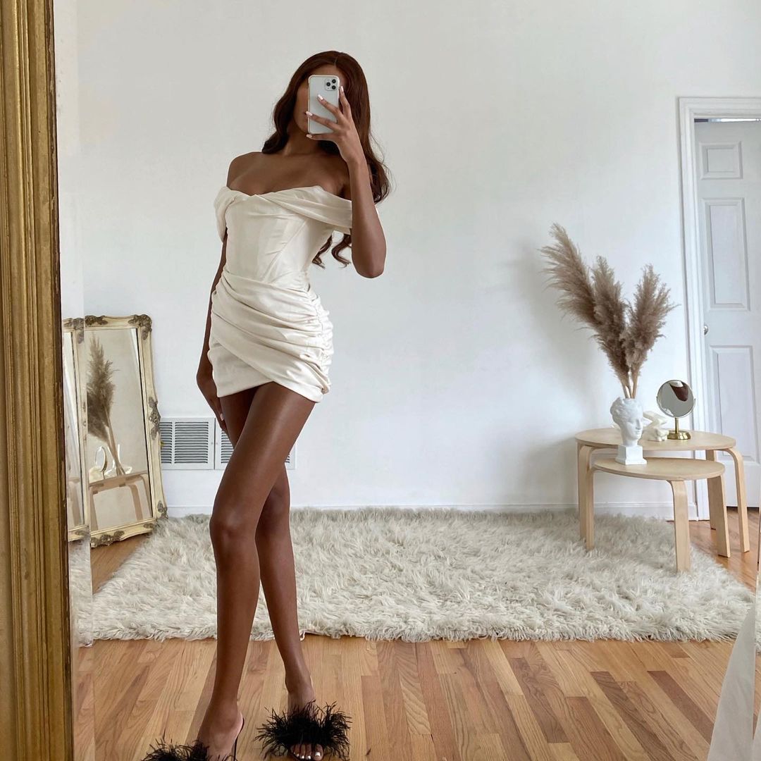 Off Shoulder Satin Ruched Bodycon Mini Dress 2