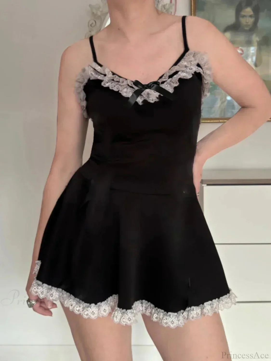 Lace Trim Bow Sweetheart Spaghetti Strap Skater Mini Dress