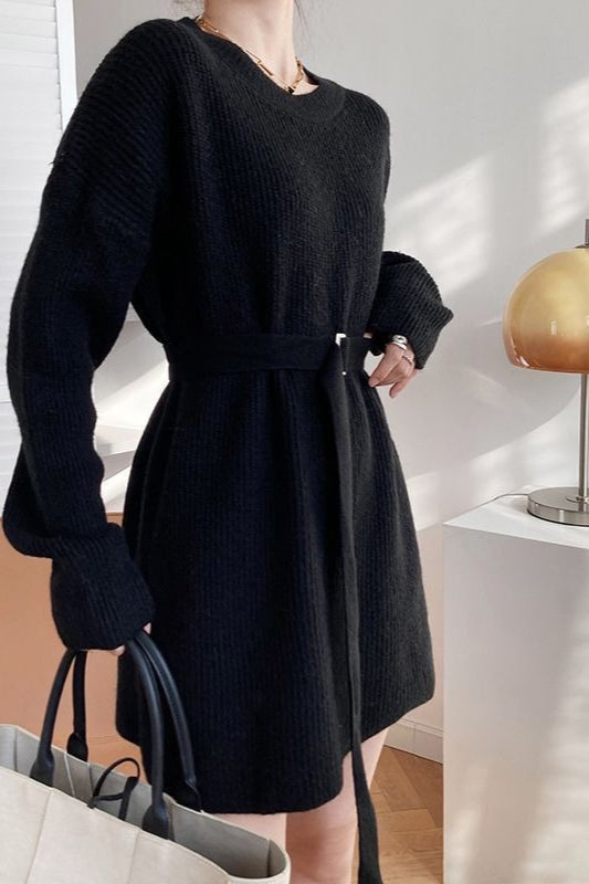 Rib Knit Belted Square Buckle Balloon Sleeve Sweater Mini Dress 8