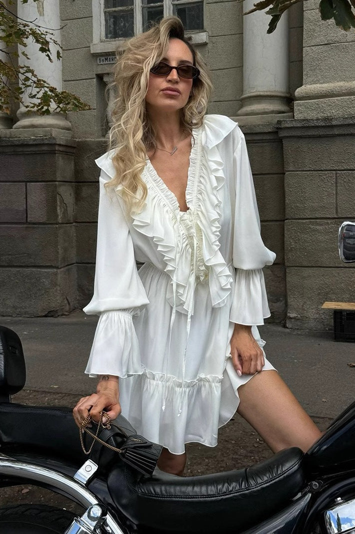 V-Neck Lace-Up Ruffle Trim Balloon Sleeve Mini Dress