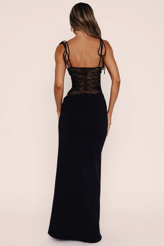 Halter Tie Neck Ruched Bust Floral Lace Panel Satin Maxi Dress 8