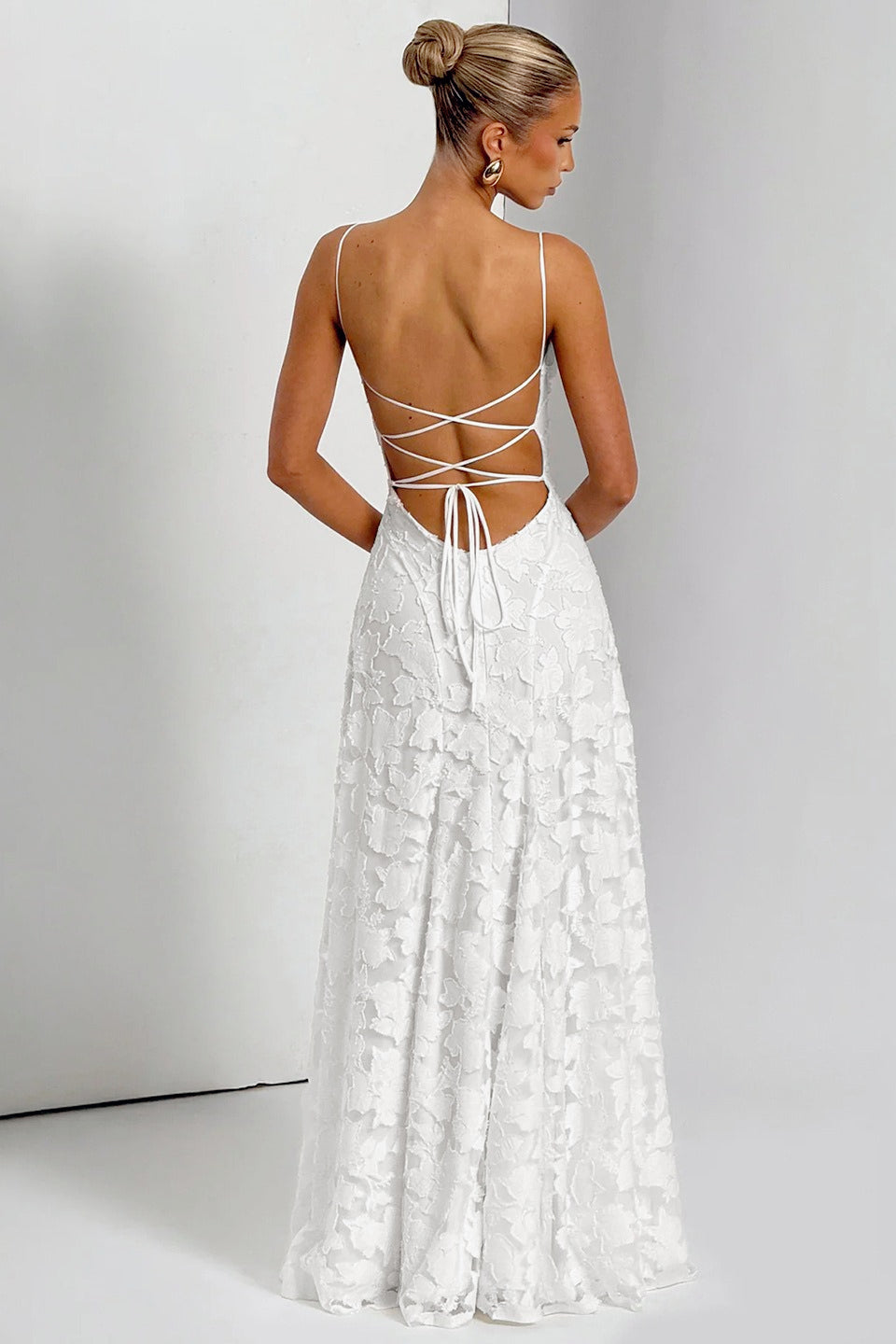 3D Floral Lace Applique Square Neck Spaghetti Strap A-Line Maxi Gown 4