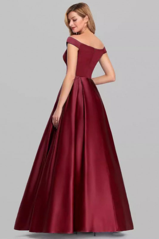 Off Shoulder Cap Sleeve Pleated Satin Ball Gown Maxi Dress 2