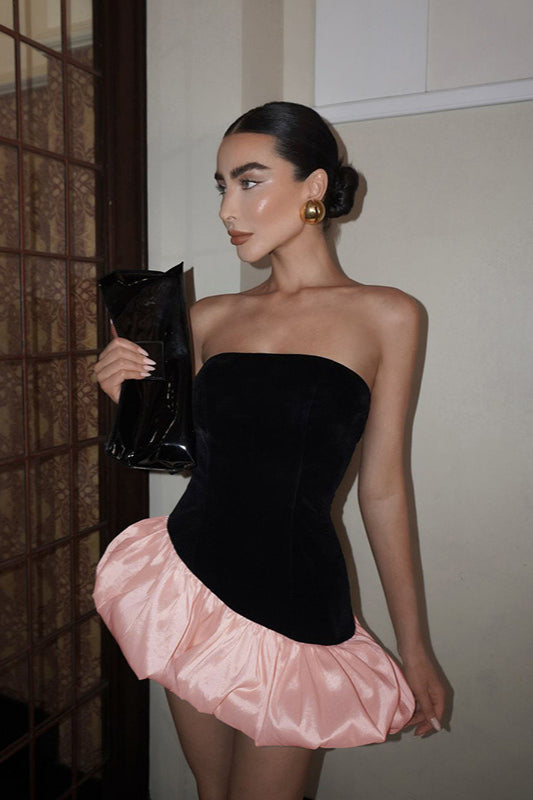 Velvet Paneled Strapless Bubble Hem Mini Dress 2