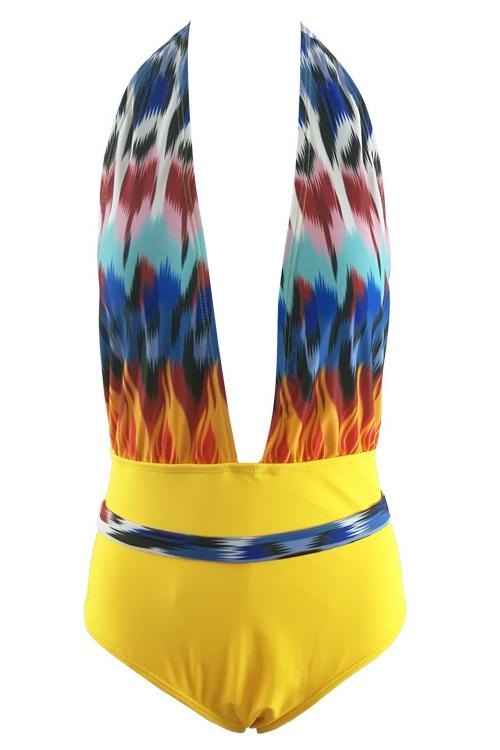 Yellow Plunging Halter Tribal Print Backless Sexy One Piece Swimsuit