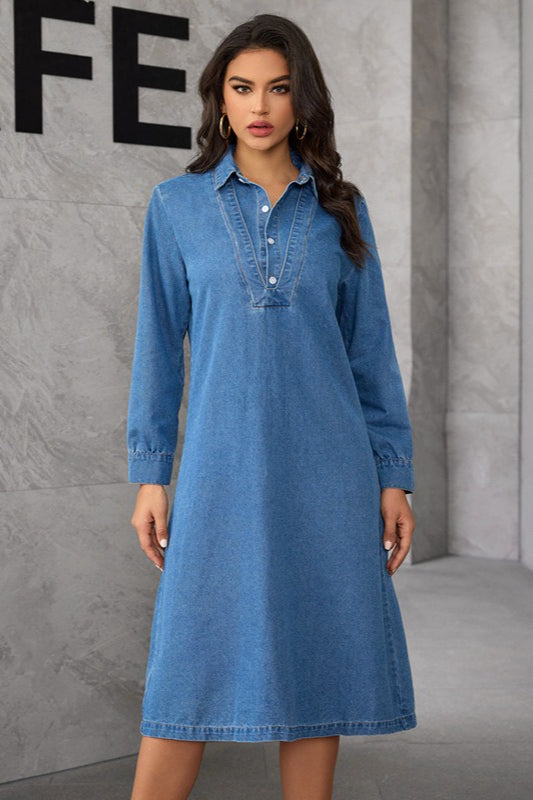 Denim Shirt Collar Long Sleeve Button Front Relaxed Midi Dress 2