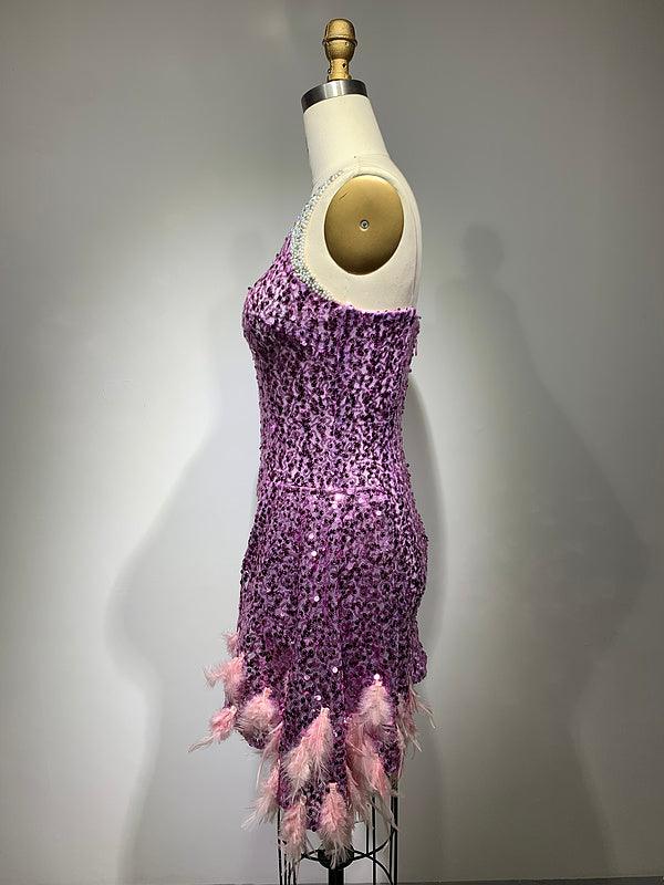 One Shoulder Rhinestone Trim Sequin Feather Hem Asymmetrical Mini Dress 4