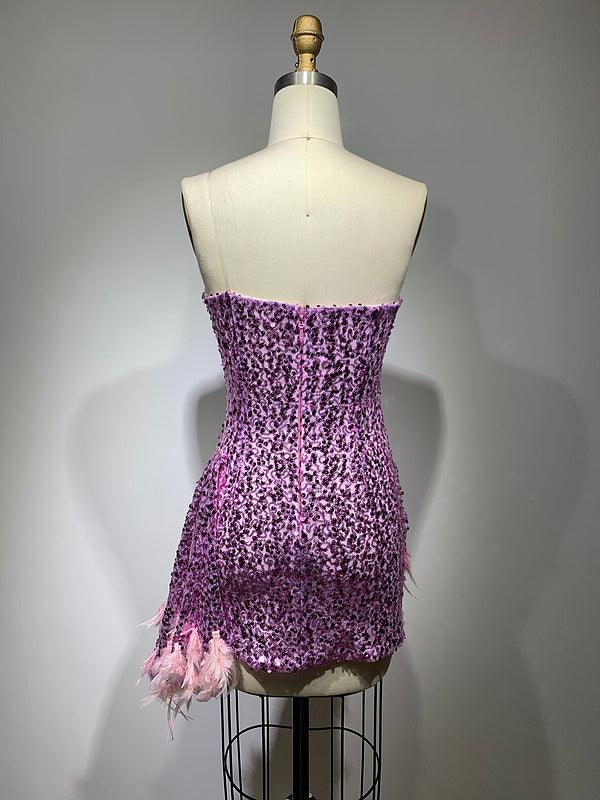 One Shoulder Rhinestone Trim Sequin Feather Hem Asymmetrical Mini Dress 6