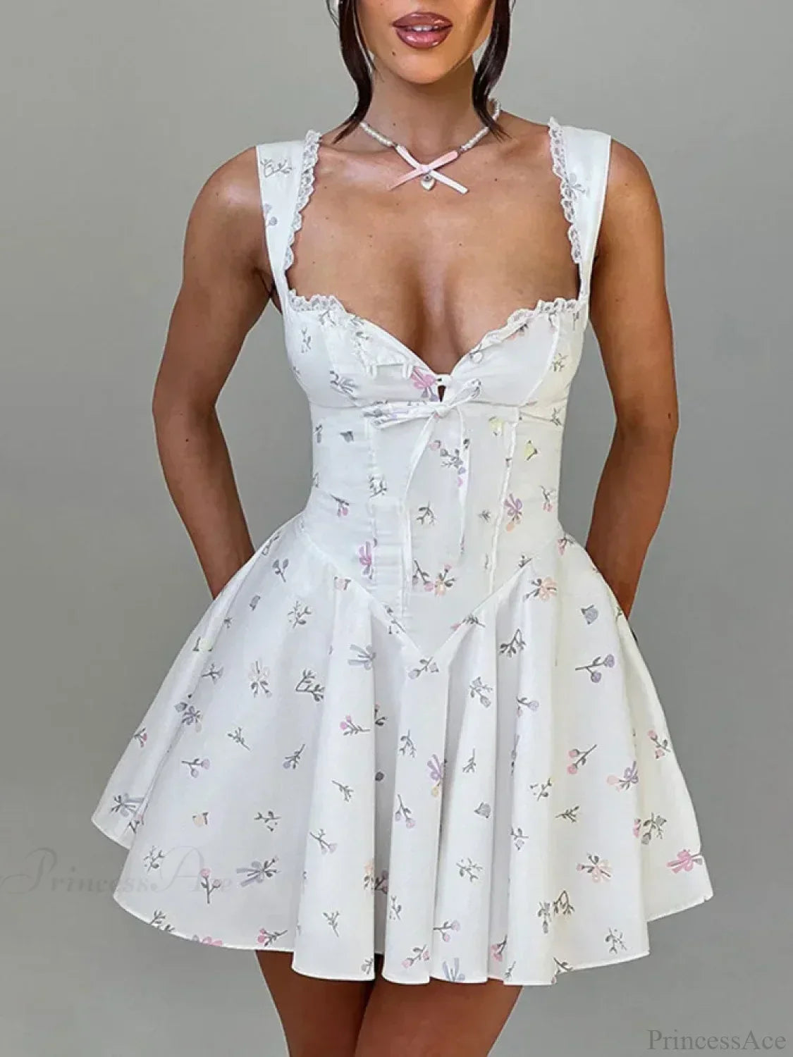 Ditsy Floral Lace Trim Corset Basque Waist Tie Front Skater Mini Dress