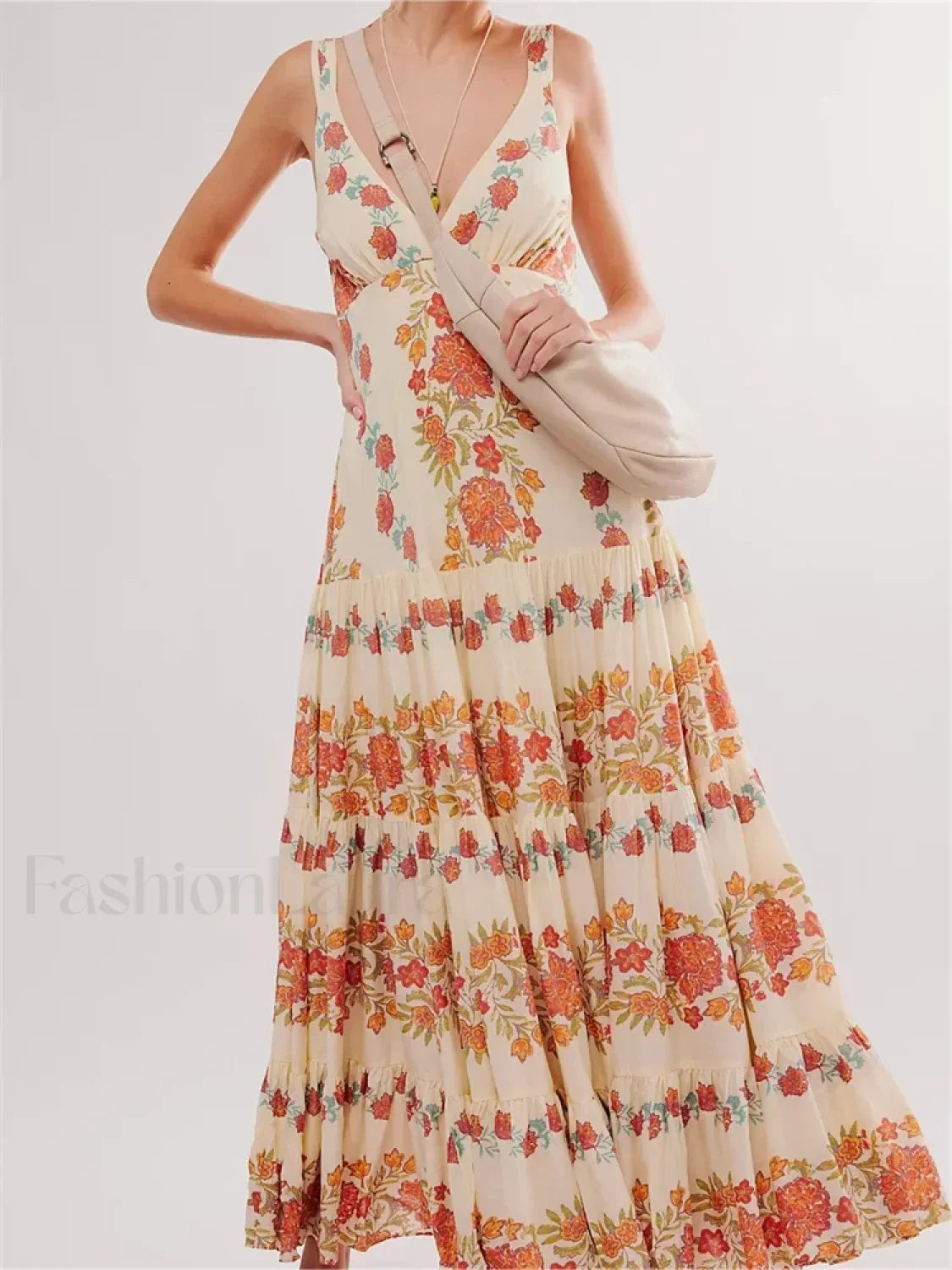 Orange Deep V Floral Loose Maxi Dress 7