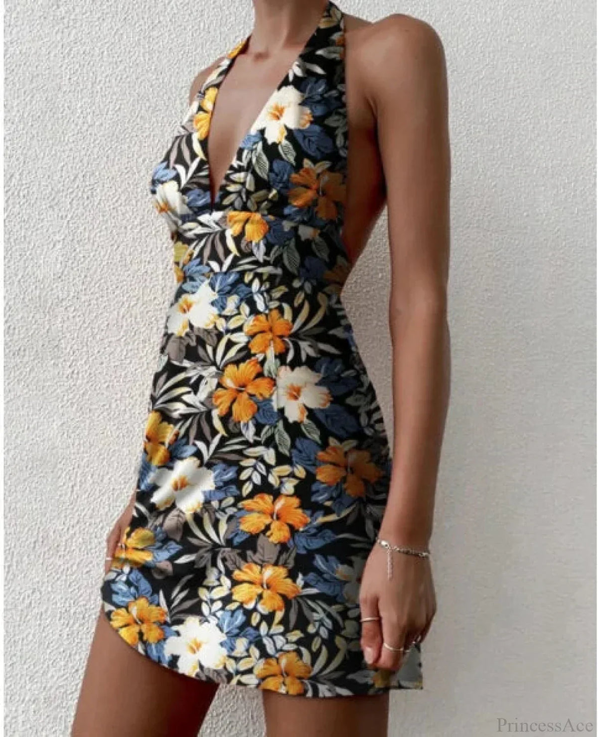 Halter Deep V Floral Print Backless Mini Dress 3