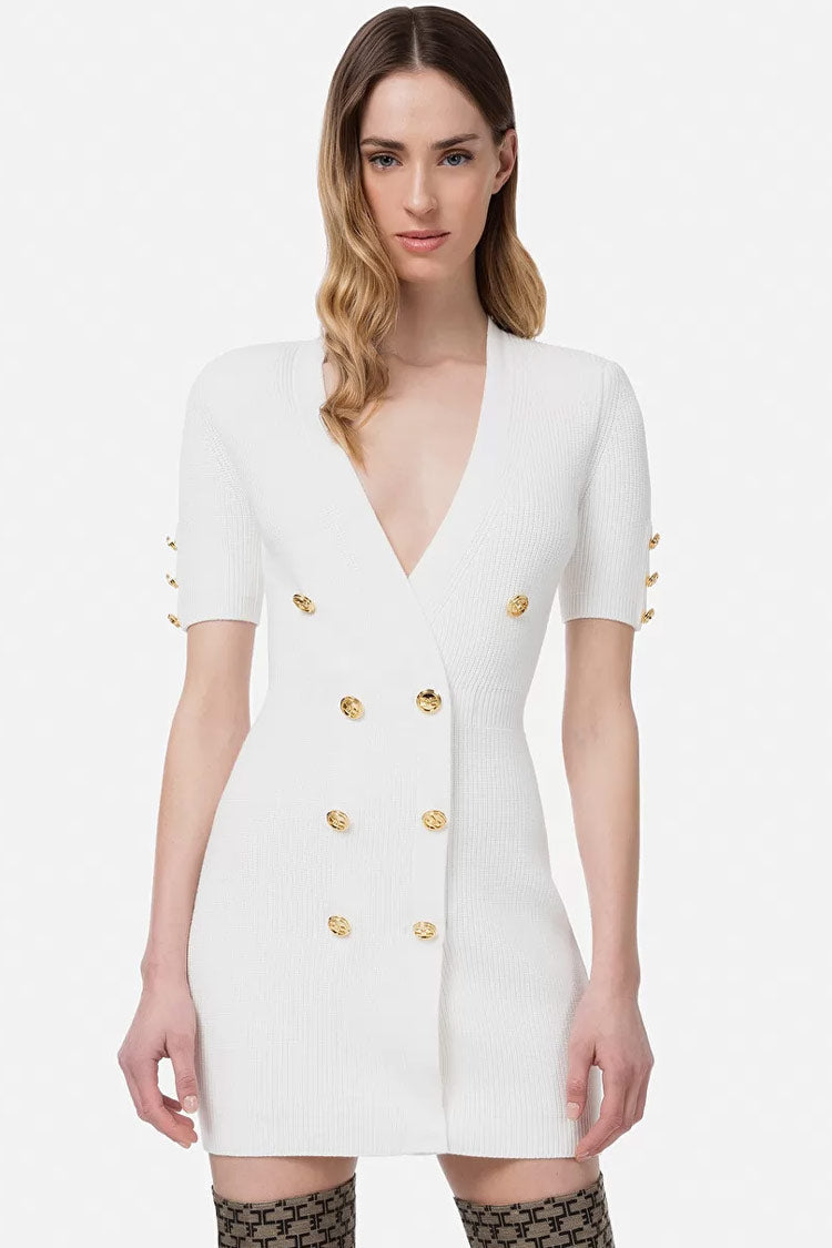 Ribbed Knit Deep V Double Breasted Button Trim Short Sleeve Mini Dress