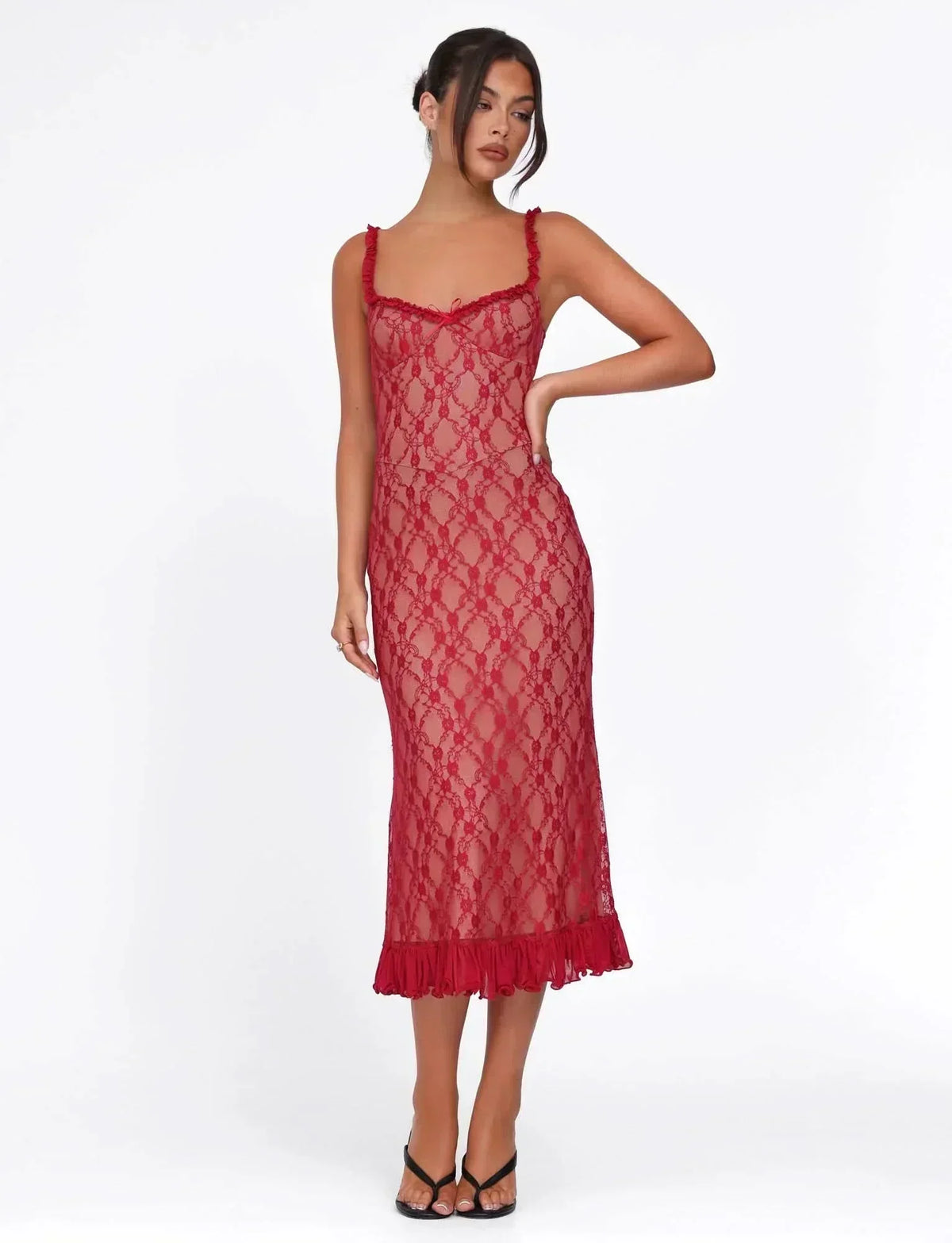 Floral Lace Ruffled Sweetheart Neckline Ruffle Strap Bodycon Midi Dress 5