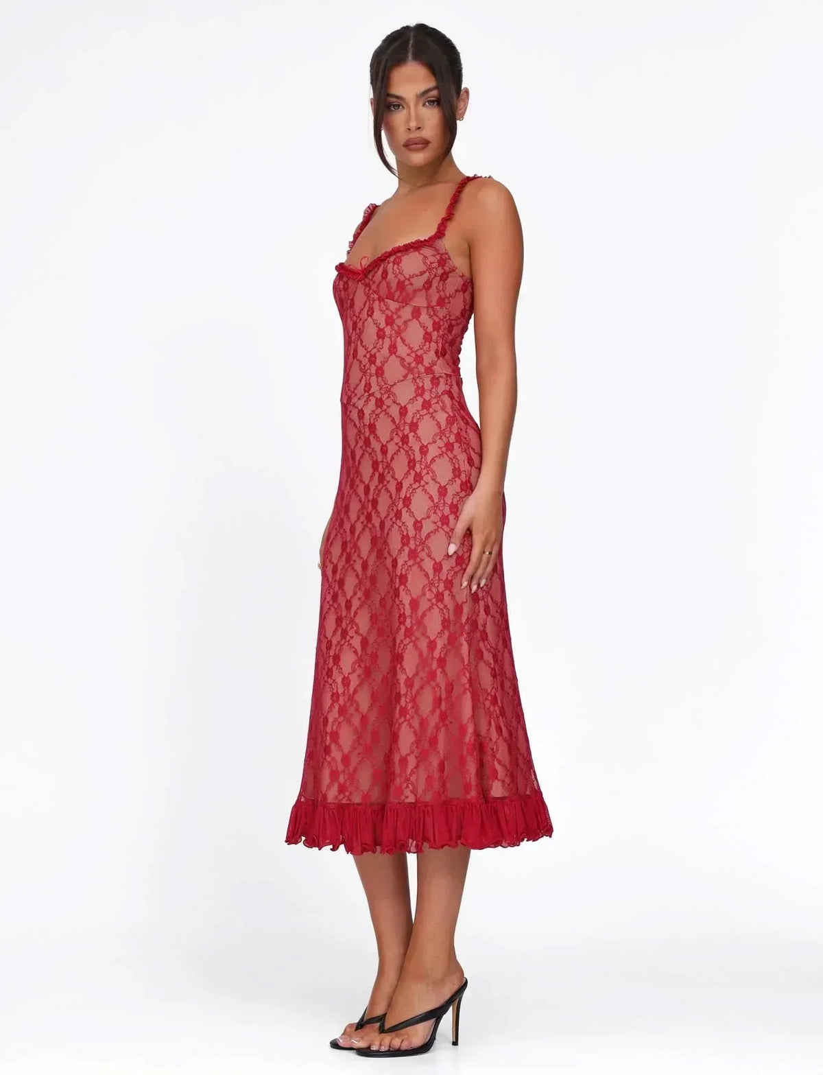 Floral Lace Ruffled Sweetheart Neckline Ruffle Strap Bodycon Midi Dress 8