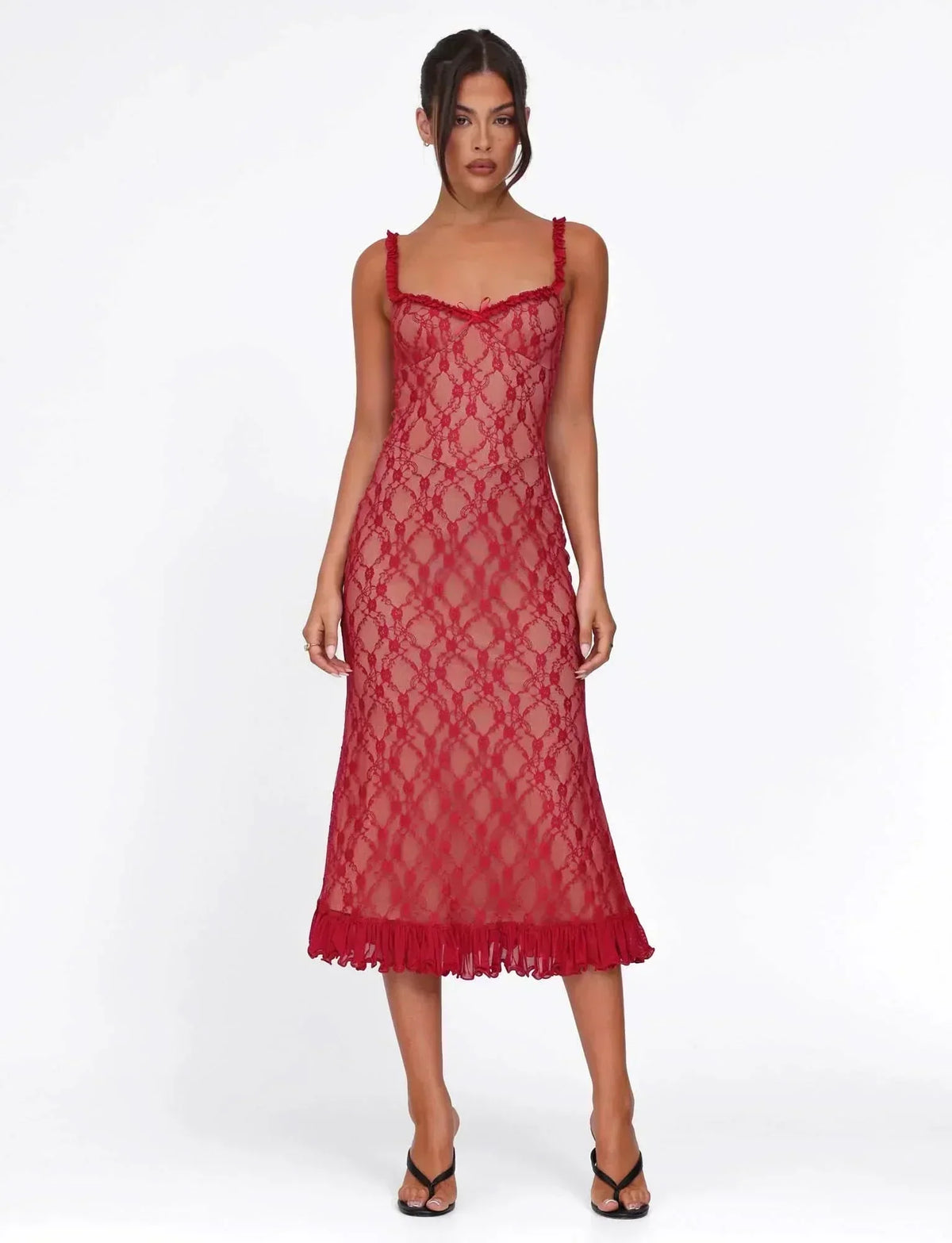 Floral Lace Ruffled Sweetheart Neckline Ruffle Strap Bodycon Midi Dress 6