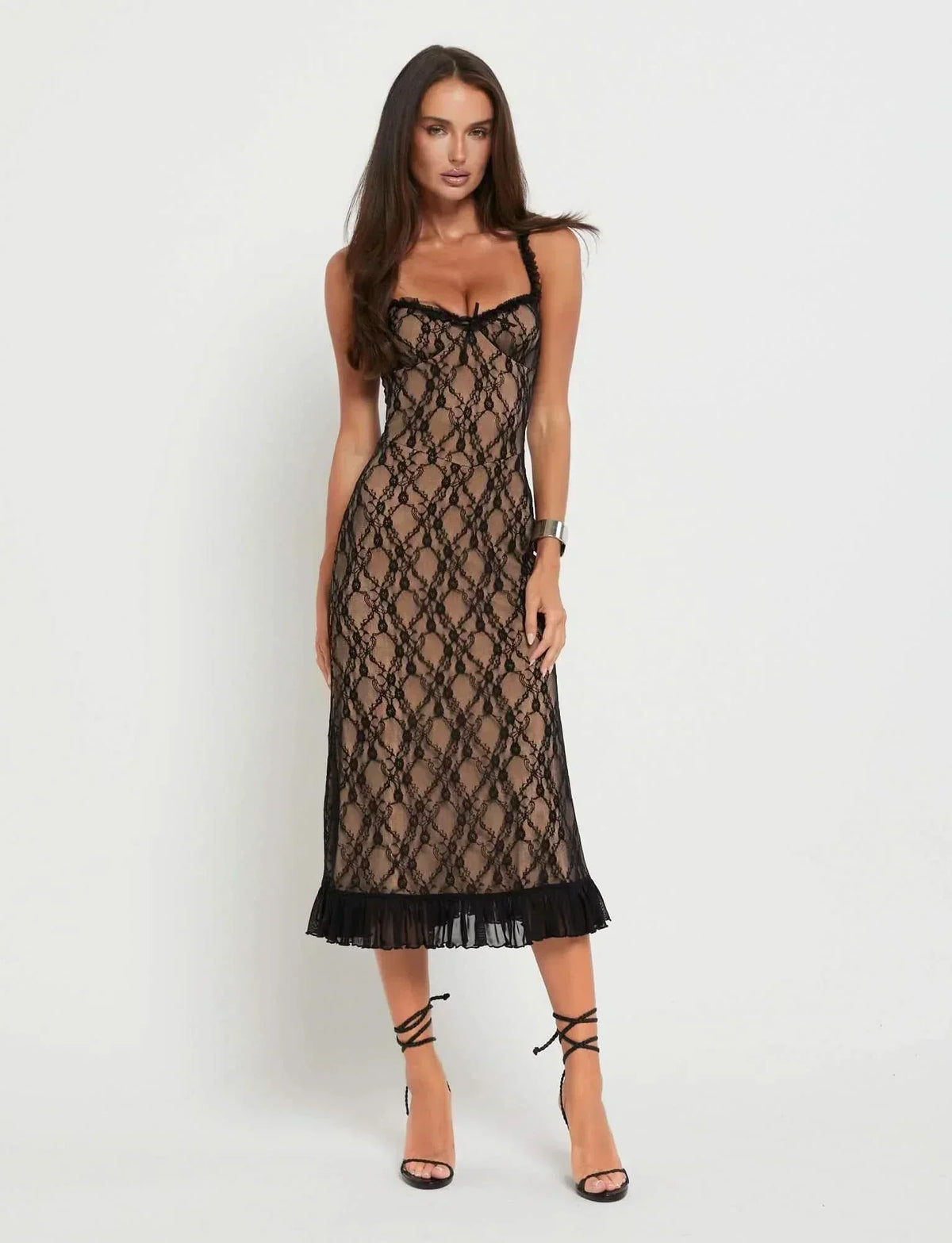 Floral Lace Ruffled Sweetheart Neckline Ruffle Strap Bodycon Midi Dress 10
