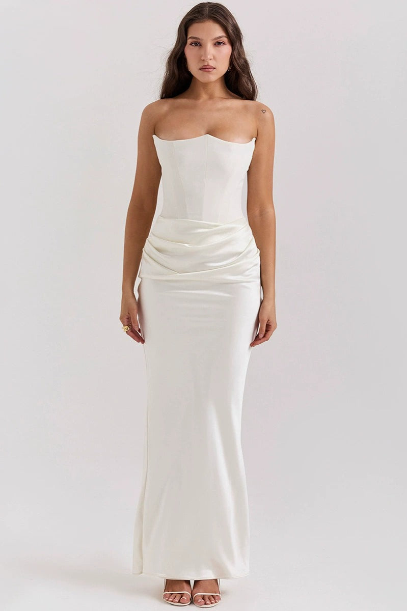 Strapless Corset Pointed Neckline Ruched Hip Satin Column Maxi Gown 4