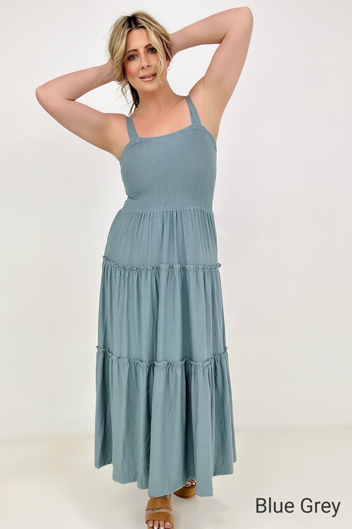 Square Neck Smocked Bodice Tiered Ruffle Maxi Dress 4