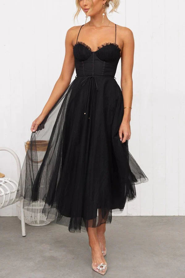 Sweetheart Neck Spaghetti Strap Corset Lace Up Tulle Skirt Midi Dress 5