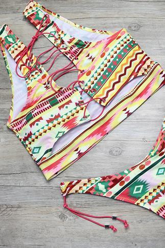 Pink Yellow Strappy Tribal Print Side Tie High Cut Cheeky Two Piece Swimsuit