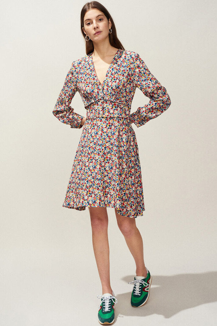 Ditsy Floral Ruffle Waist V-Neck Long Sleeve Mini Dress