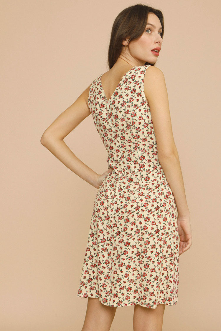 Ditsy Floral Print Ruched V Neck Sleeveless French Midi Dress 2