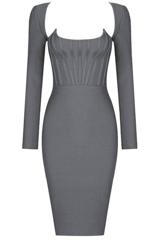 Scoop Neck Cold Shoulder Long Sleeve Bandage Bodycon Pencil Midi Dress 3