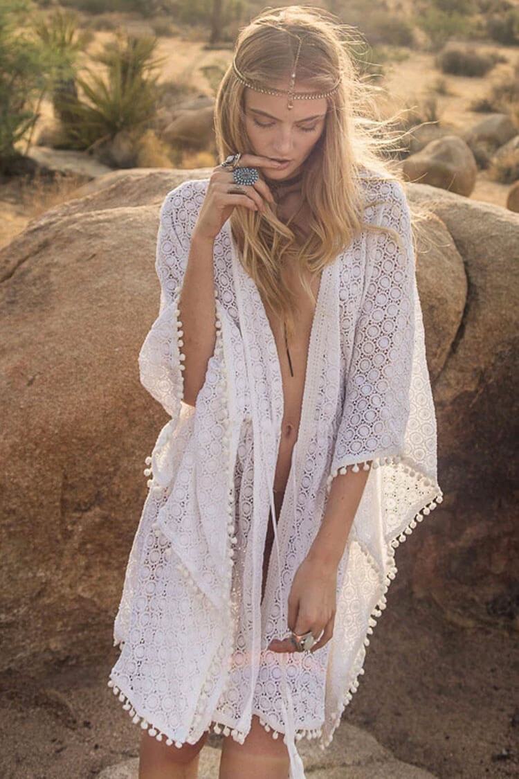 Dotted Trim Batwing Sleeve Lace Kaftan Cover Up
