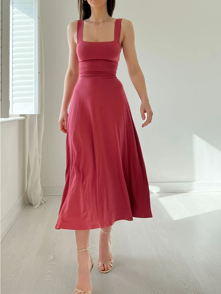 Scoop Neck Tank Strap Fitted Waist Flared A-Line Maxi Dress 6