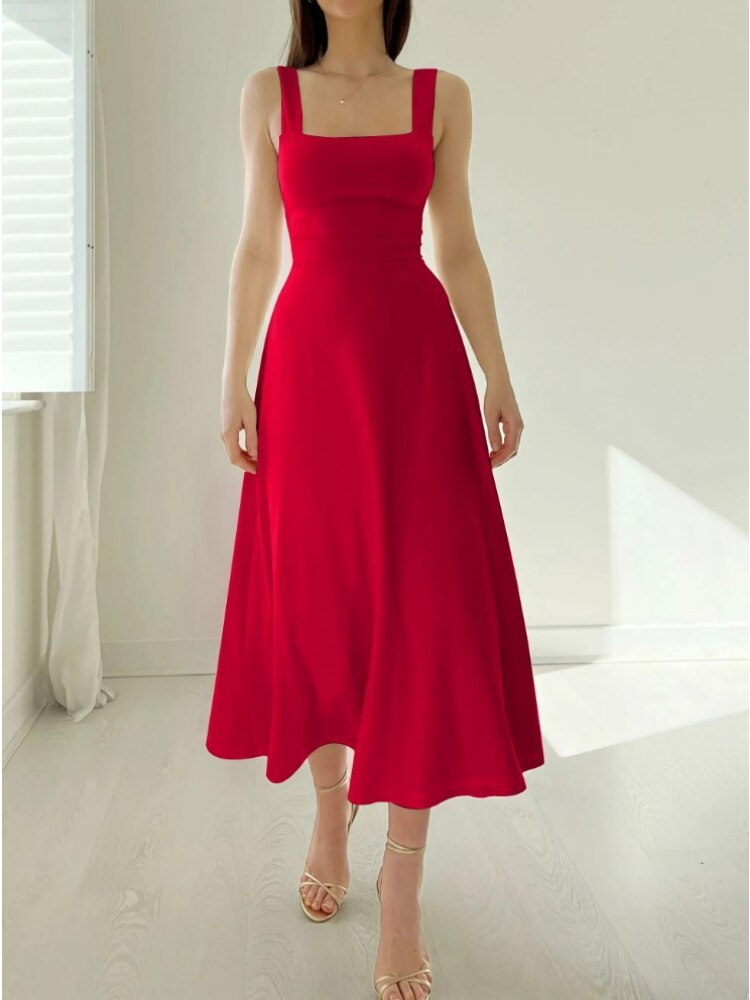 Scoop Neck Tank Strap Fitted Waist Flared A-Line Maxi Dress 4