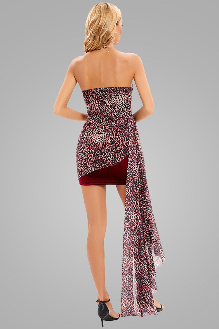 Draped Print Velvet Panel Strapless Bodycon Mini Dress 4